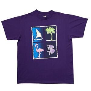 Sarasota Florida Tropical Print Purple Cotton Vintage 90s T-Shirt Mens Large